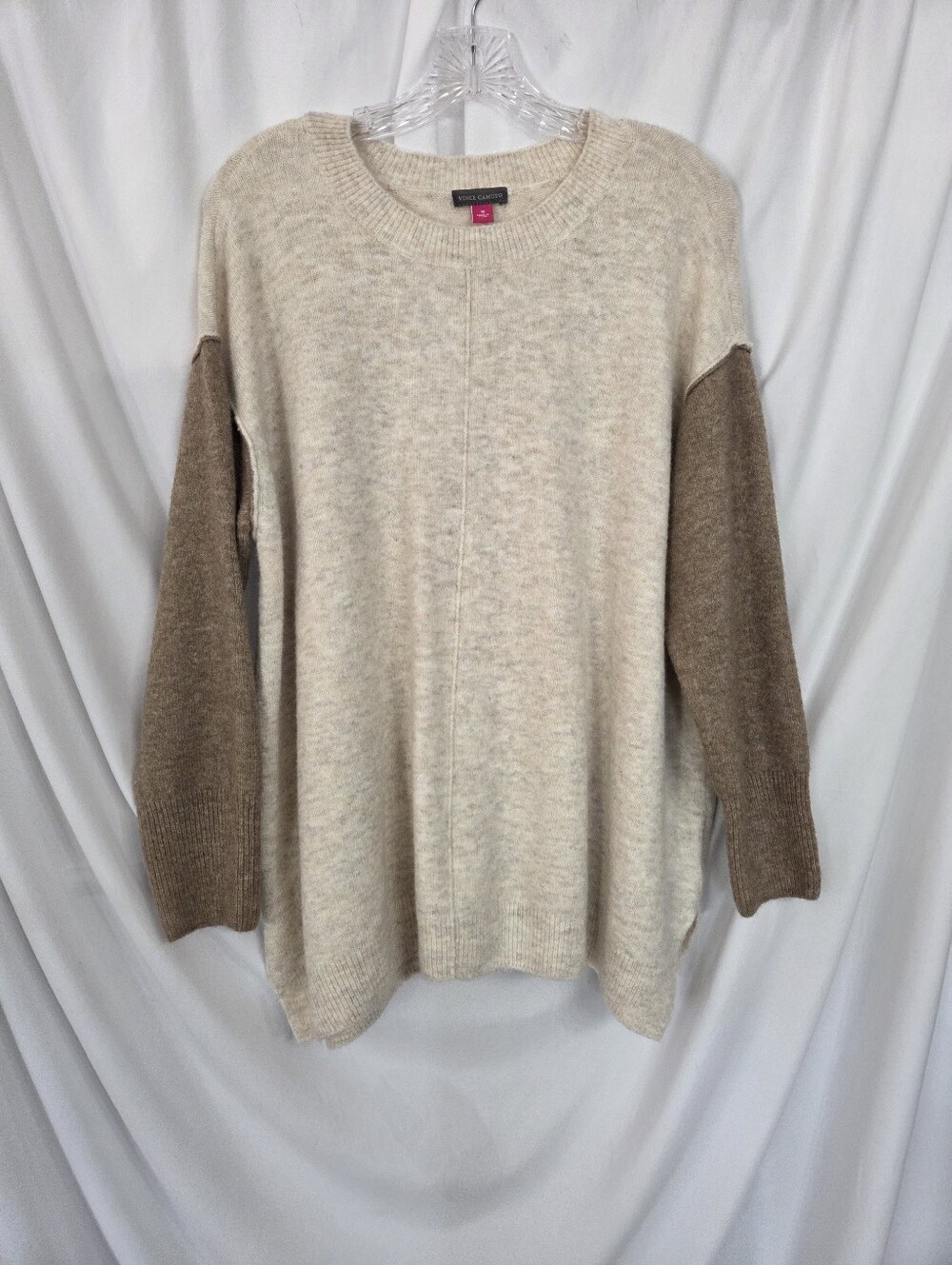 Vince Camuto Cream & Taupe Colorblock Crewneck Sweater Plus Size 1X